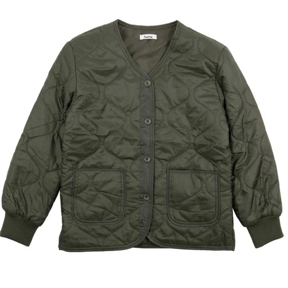 HUME Olive Green Collarless Quilted Jacket Size L - Picture 1 of 15